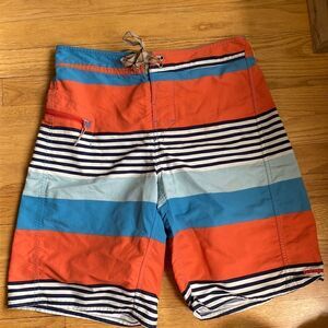 PATAGONIA Mens sz 30 swim trunks blue white and salmon stripes small spot shown